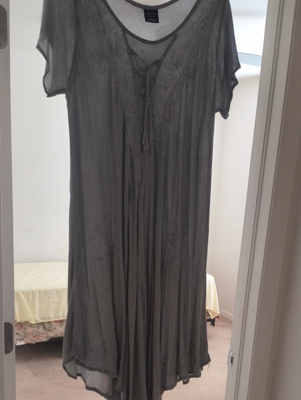Gray Boho Embroidered Midi Dress